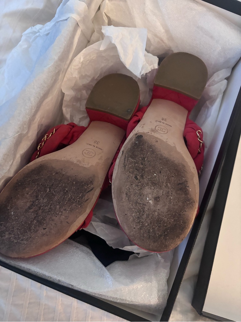 CHANEL Red Quilted Slide Mules with Gold Chain Trim - Picture 5 of 8